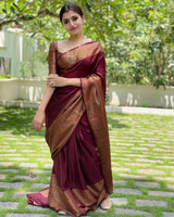 Unique Wine Soft Silk Saree With Wonderful Blouse Piece