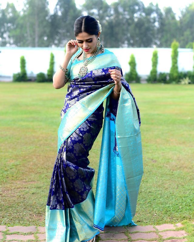 Denouement Blue Soft Banarasi Silk Saree With Glorious Blouse Piece