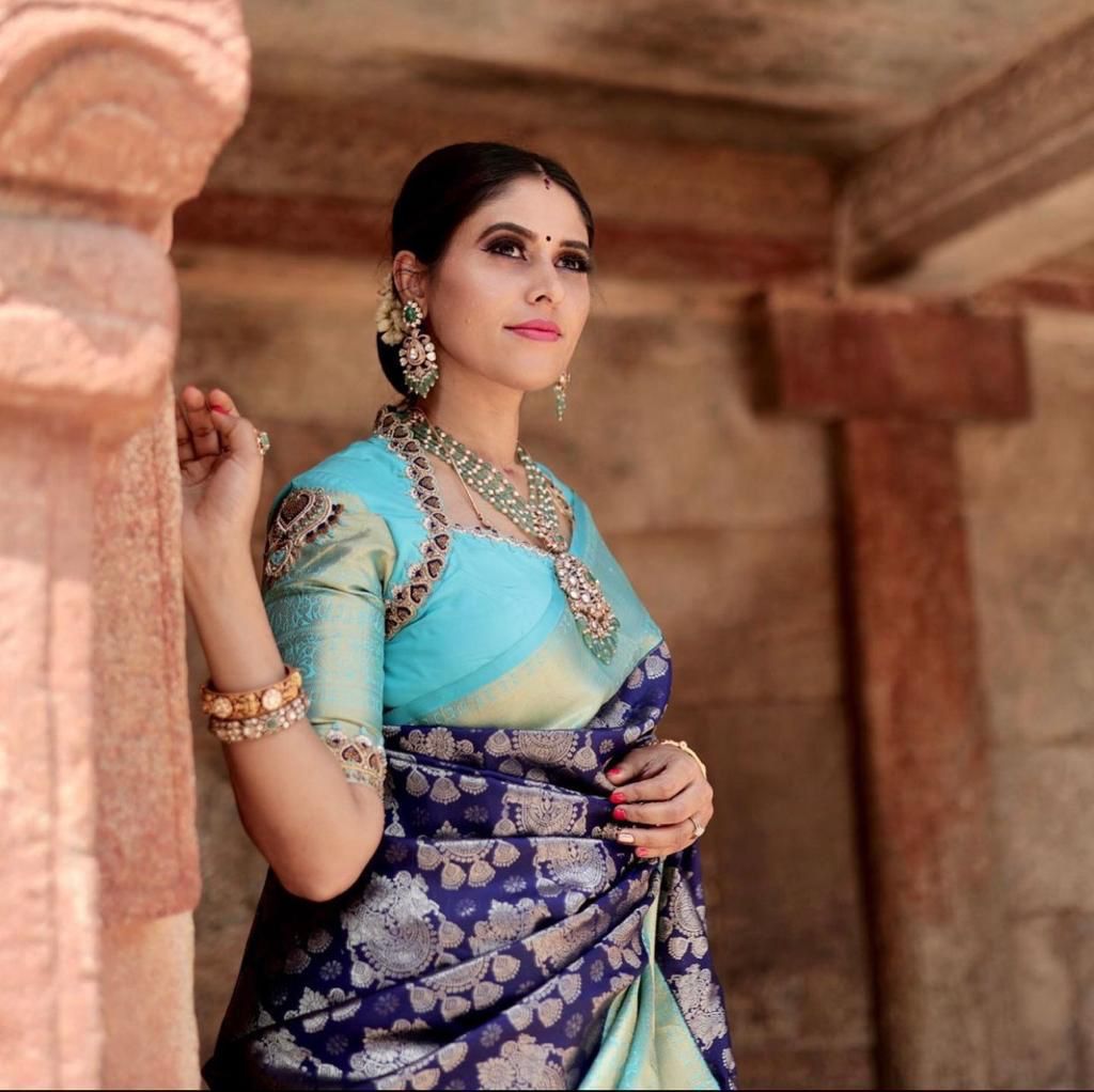 Denouement Blue Soft Banarasi Silk Saree With Glorious Blouse Piece