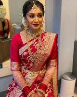 Divine Red Soft Banarasi Silk Saree With Angelic Blouse Piece