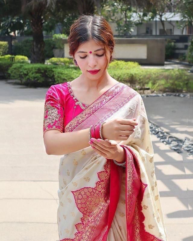 Traditional Beige Soft Silk Saree With Divine Blouse Piece - Mameraa