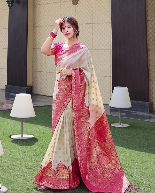 Traditional Beige Soft Silk Saree With Divine Blouse Piece - Mameraa