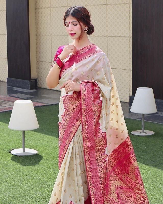 Traditional Beige Soft Silk Saree With Divine Blouse Piece - Mameraa