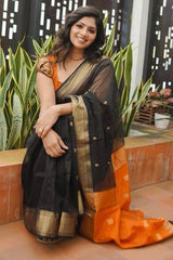 Flamboyant Black Cotton Silk Saree With Staring Blouse Piece