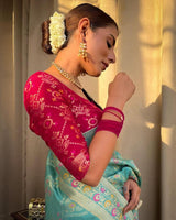 Pretty Firozi Soft Silk Saree With Mesmerising Blouse Piece