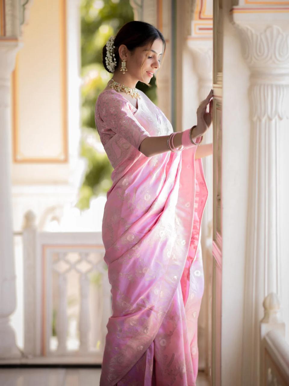 Incomparable Baby Pink Soft Silk Saree With Snazzy Blouse Piece