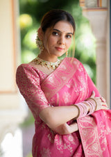 Effervescent Pink Soft Silk Saree With Assemblage Blouse Piece