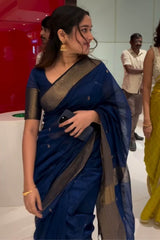 Demure Navy Blue Cotton Silk Saree With Glamorous Blouse Piece