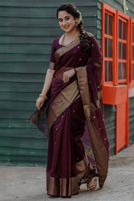 Gleaming Wine Cotton Silk Saree With Serendipity Blouse Piece