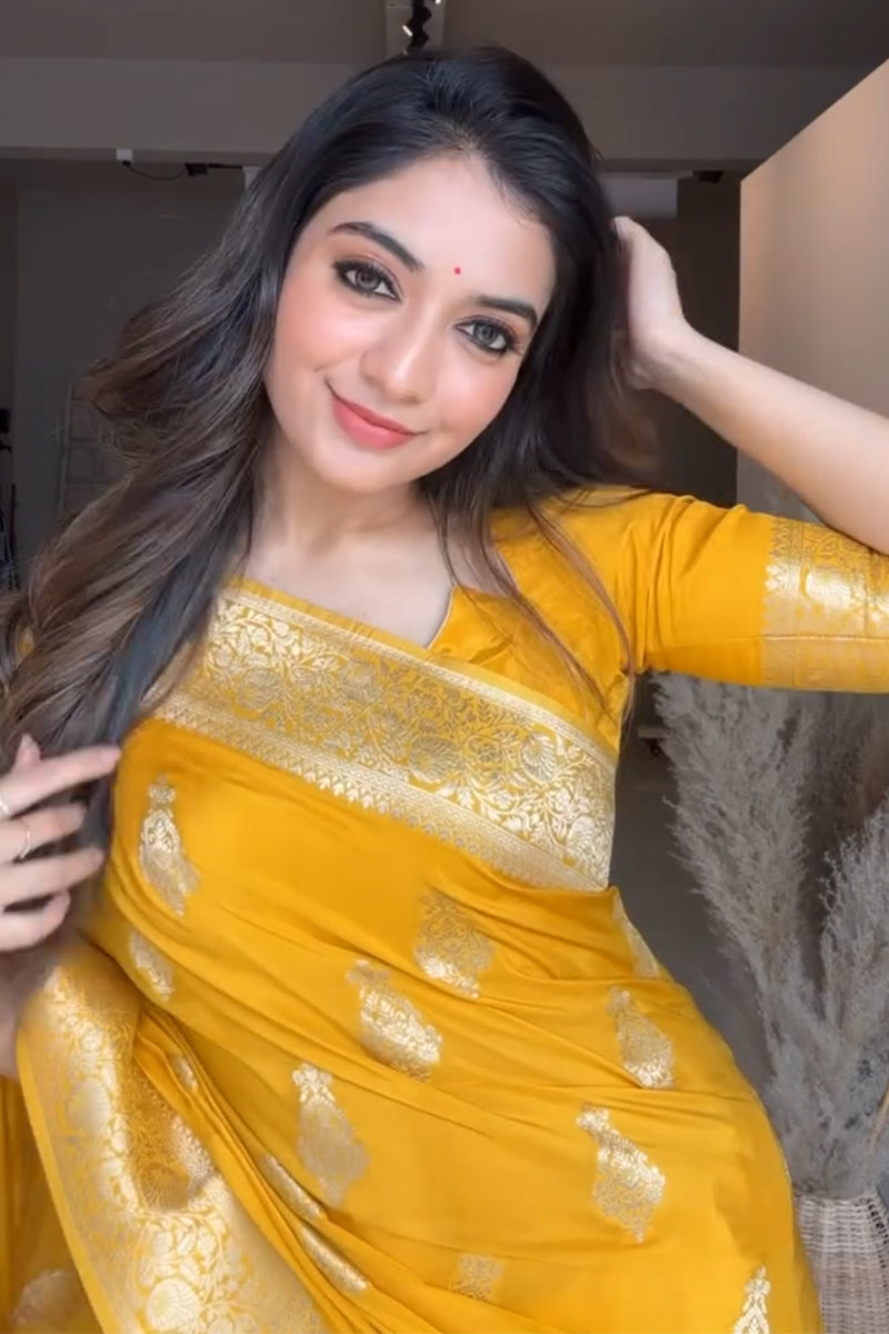 Extraordinary Yellow Soft Silk Saree With Glowing Blouse Piece