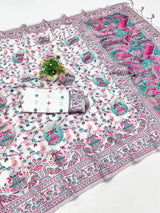 Forbearance Off White Pashmina Saree With Phenomenal Snappy Piece