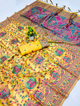 Nebula Yellow Pashmina Saree With Sonorous Blouse Piece