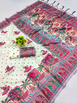 Intricate Beige Pashmina Saree With Gorgeous Blouse Piece