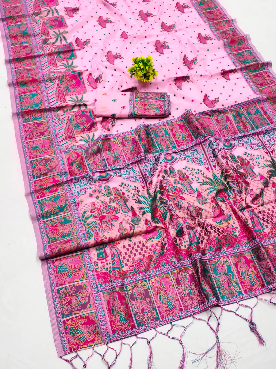 Woebegone Pink Pashmina Saree With Embellished Blouse Piece