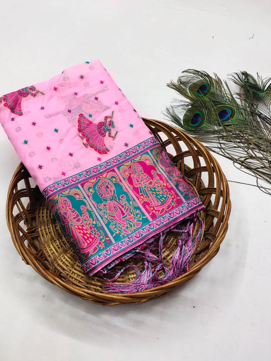 Woebegone Pink Pashmina Saree With Embellished Blouse Piece