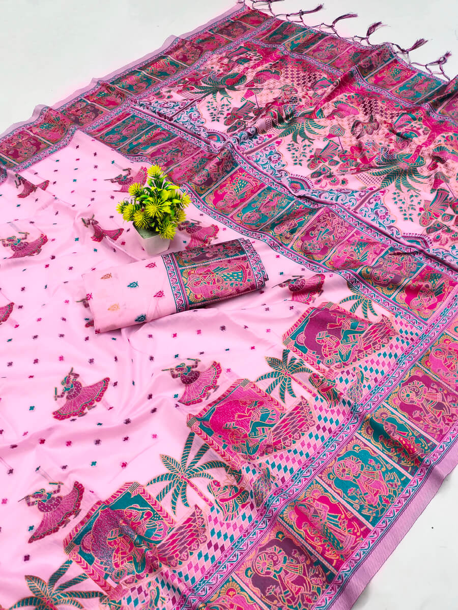 Woebegone Pink Pashmina Saree With Embellished Blouse Piece