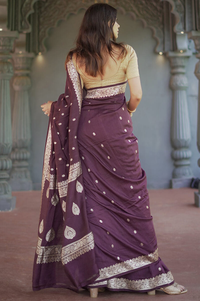 Divine Wine Linen Silk Saree With Prominent  Blouse Piece