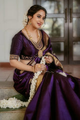 Evocative Purple Soft Banarasi Silk Saree With Piquant Blouse Piece