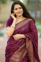 Stunning Wine Soft Silk Saree With Capricious Blouse Piece