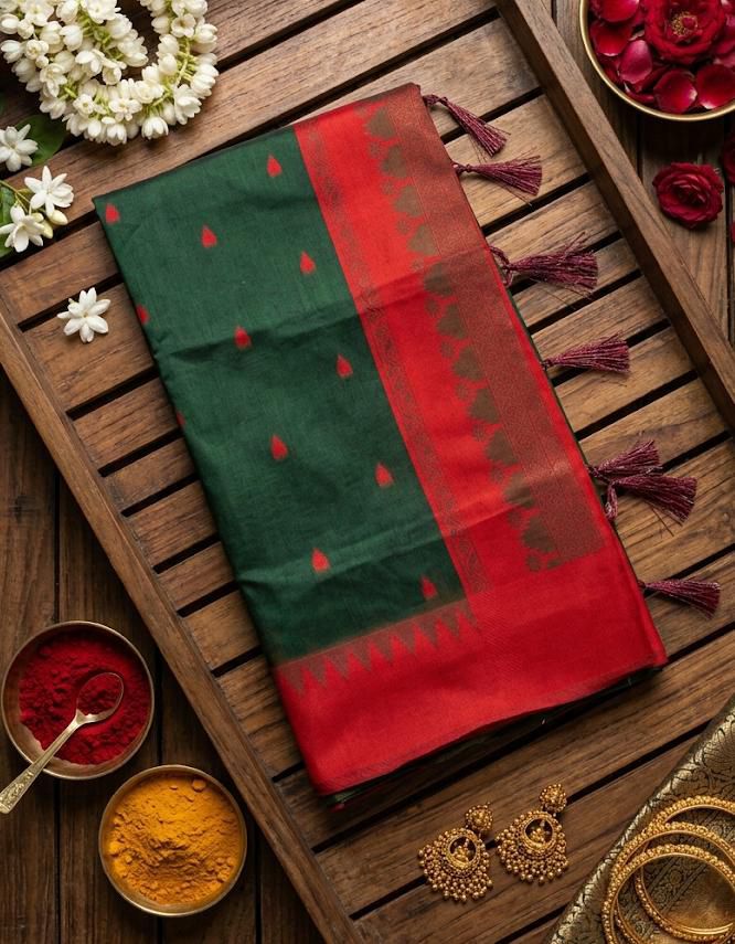 Magnetic Dark Green Cotton Silk Saree With Glittering Blouse Piece