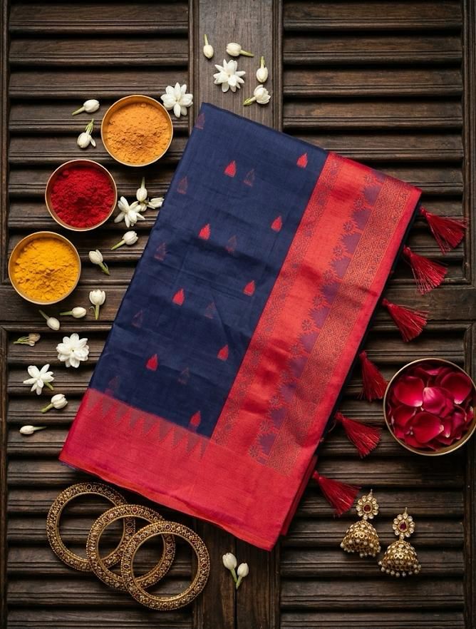 Gorgeous Navy Blue Cotton Silk Saree With Transcendent Blouse Piece