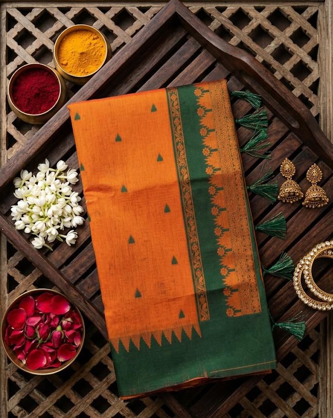 Murmurous Orange Cotton Silk Saree With Dalliance Blouse Piece