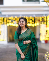 Imaginative Green Soft Banarasi Silk Saree with Artistic Blouse Piece