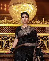 Outstanding Black Soft Banarasi Silk Saree With Angelic Blouse Piece