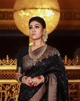 Outstanding Black Soft Banarasi Silk Saree With Angelic Blouse Piece