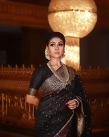 Outstanding Black Soft Banarasi Silk Saree With Angelic Blouse Piece
