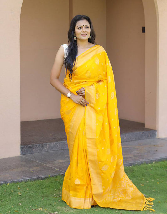 Yellow Rich Pallu Soft Lichi Silk Saree With Zari Weaving Work