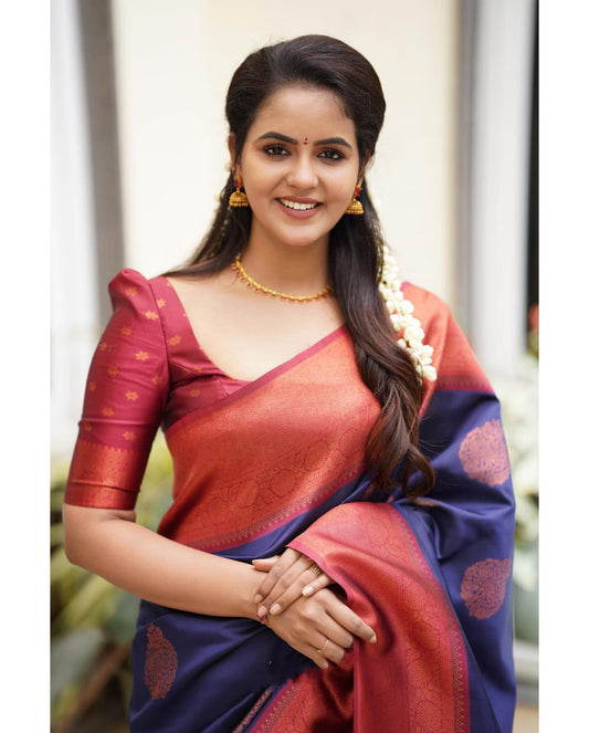 Lassitude Navy Blue Soft Silk Saree With Scintilla Blouse Piece