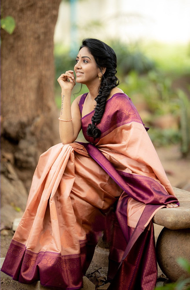 Outstanding Peach Soft Silk Saree With Intricate Blouse Piece