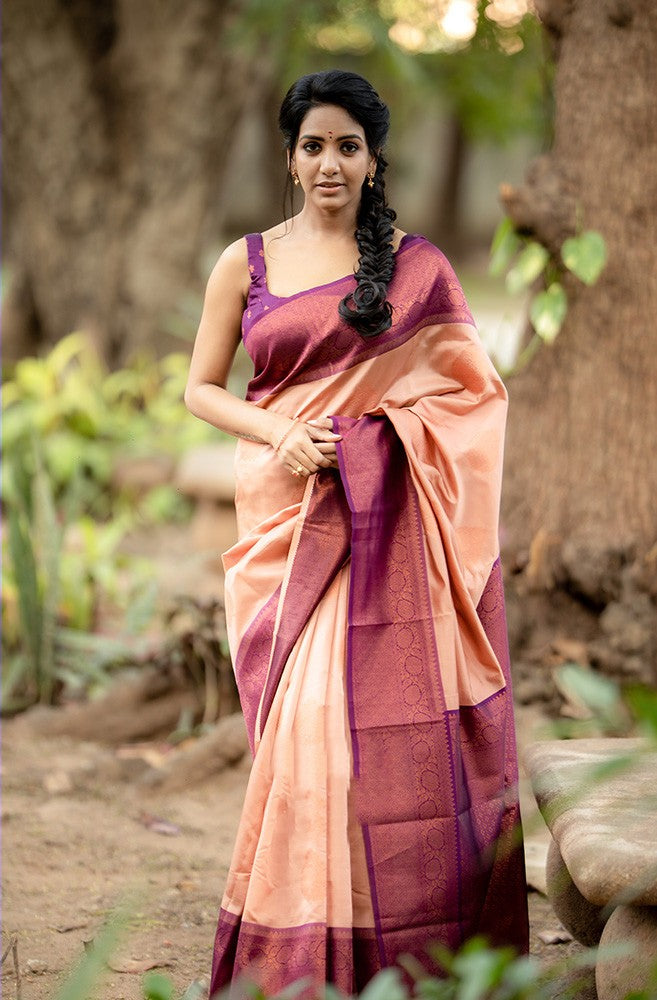 Outstanding Peach Soft Silk Saree With Intricate Blouse Piece