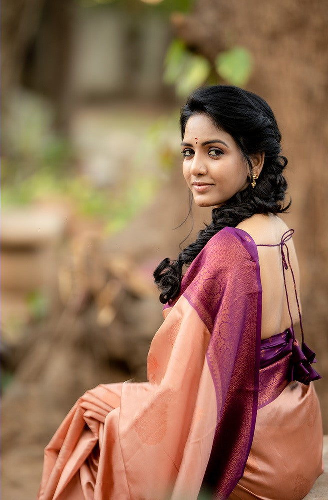Outstanding Peach Soft Silk Saree With Intricate Blouse Piece