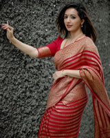 Stylish Red Soft Silk Saree With Blooming Blouse Piece