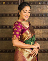 Dazzling Green Soft Banarasi Silk Saree With Girlish Blouse Piece