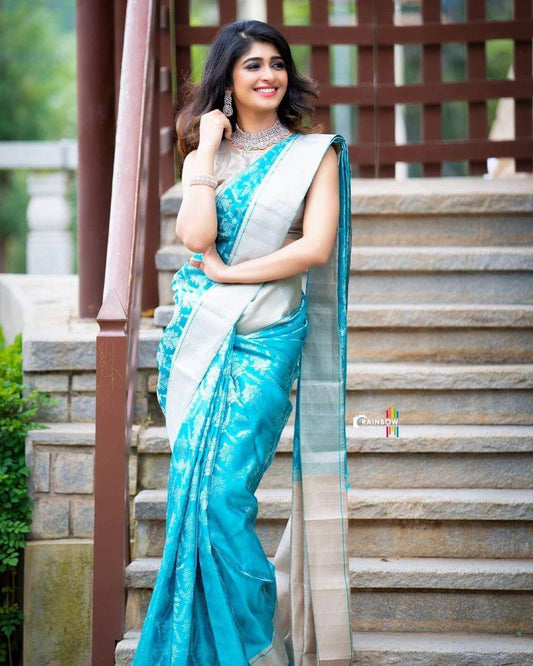 Exquisite Firozi Soft Banarasi Silk Saree With Prettiest Blouse Piece - Mameraa