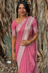Pulsating Pink Cotton Silk Saree With Pleasurable Blouse Piece