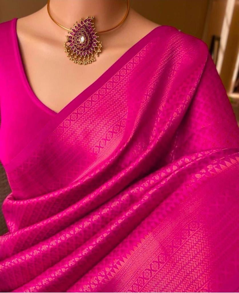 Smart Dark Pink Soft Silk Saree With Demure Blouse Piece