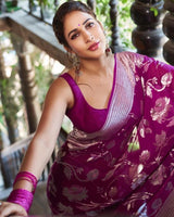 Stunning Purple Banarasi Silk Saree With Lovely Blouse Piece