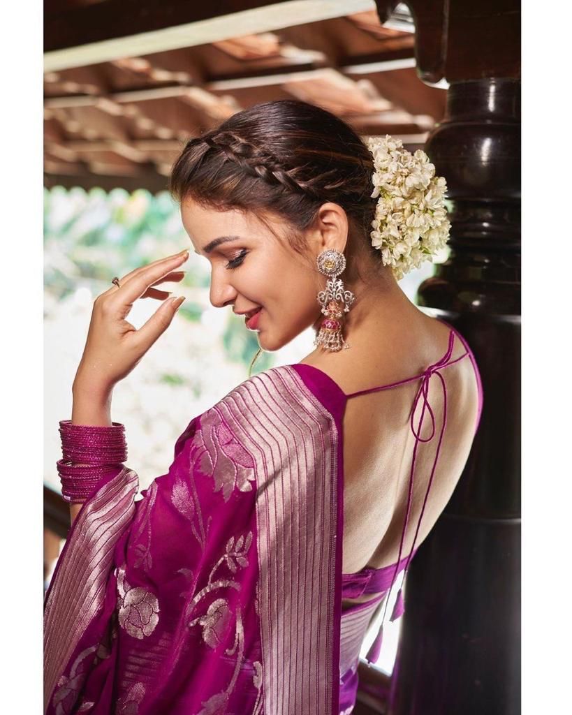 Stunning Purple Banarasi Silk Saree With Lovely Blouse Piece