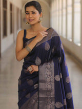 Zephyr Navy Blue Soft Silk Saree With Blooming Blouse Piece