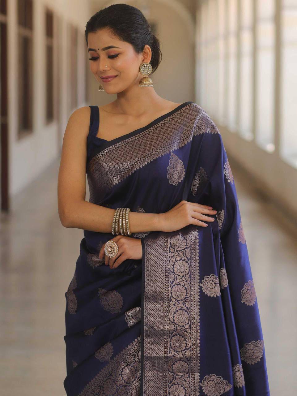 Zephyr Navy Blue Soft Silk Saree With Blooming Blouse Piece
