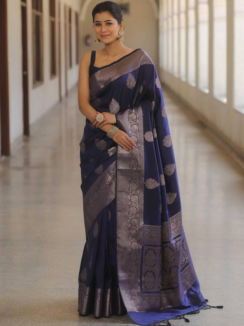 Zephyr Navy Blue Soft Silk Saree With Blooming Blouse Piece