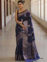 Zephyr Navy Blue Soft Silk Saree With Blooming Blouse Piece