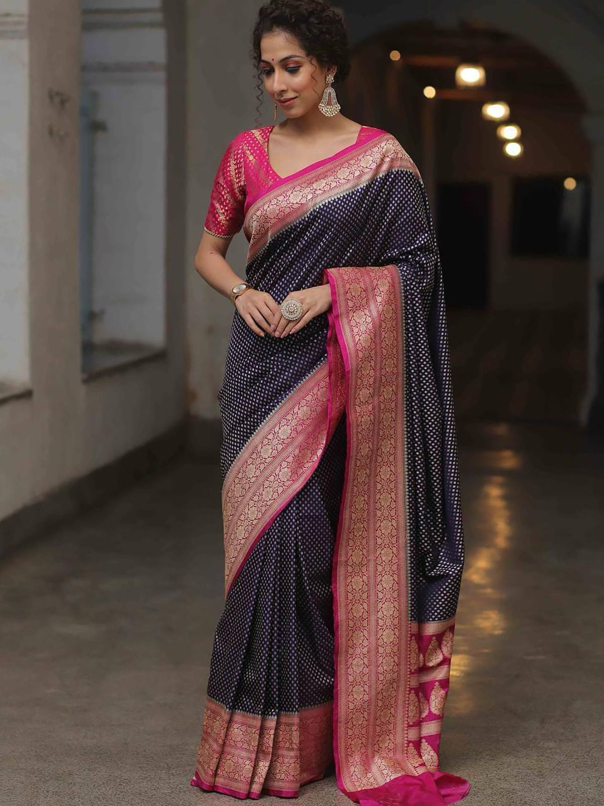 Imbrication Navy Blue Soft Silk Saree With Ornate Blouse Piece