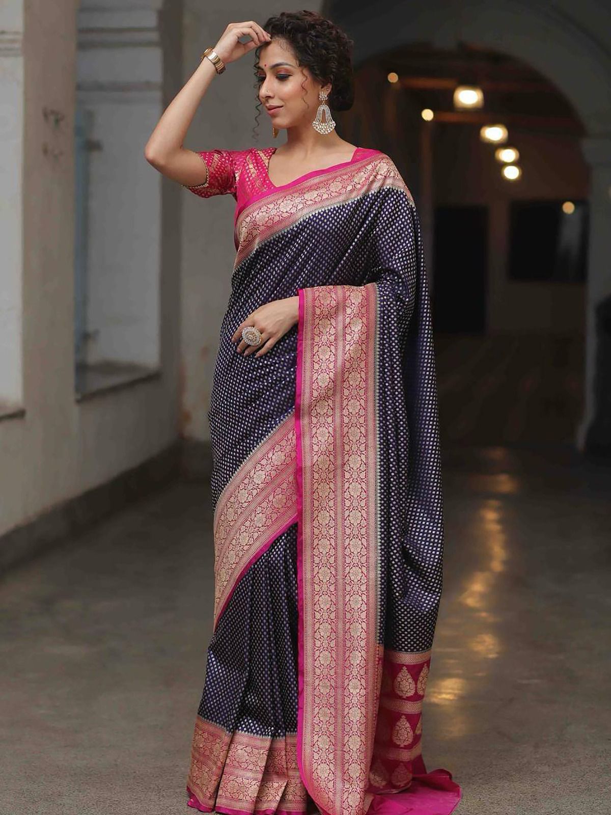 Imbrication Navy Blue Soft Silk Saree With Ornate Blouse Piece