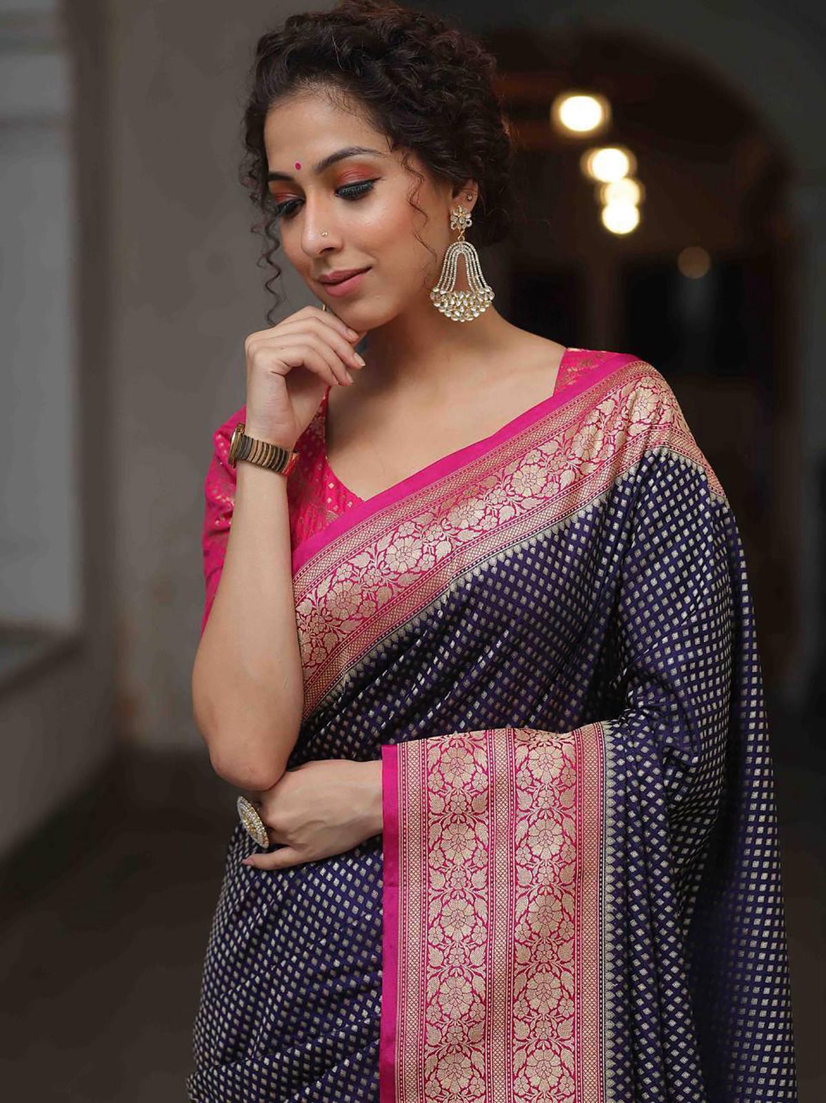Imbrication Navy Blue Soft Silk Saree With Ornate Blouse Piece