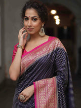 Imbrication Navy Blue Soft Silk Saree With Ornate Blouse Piece